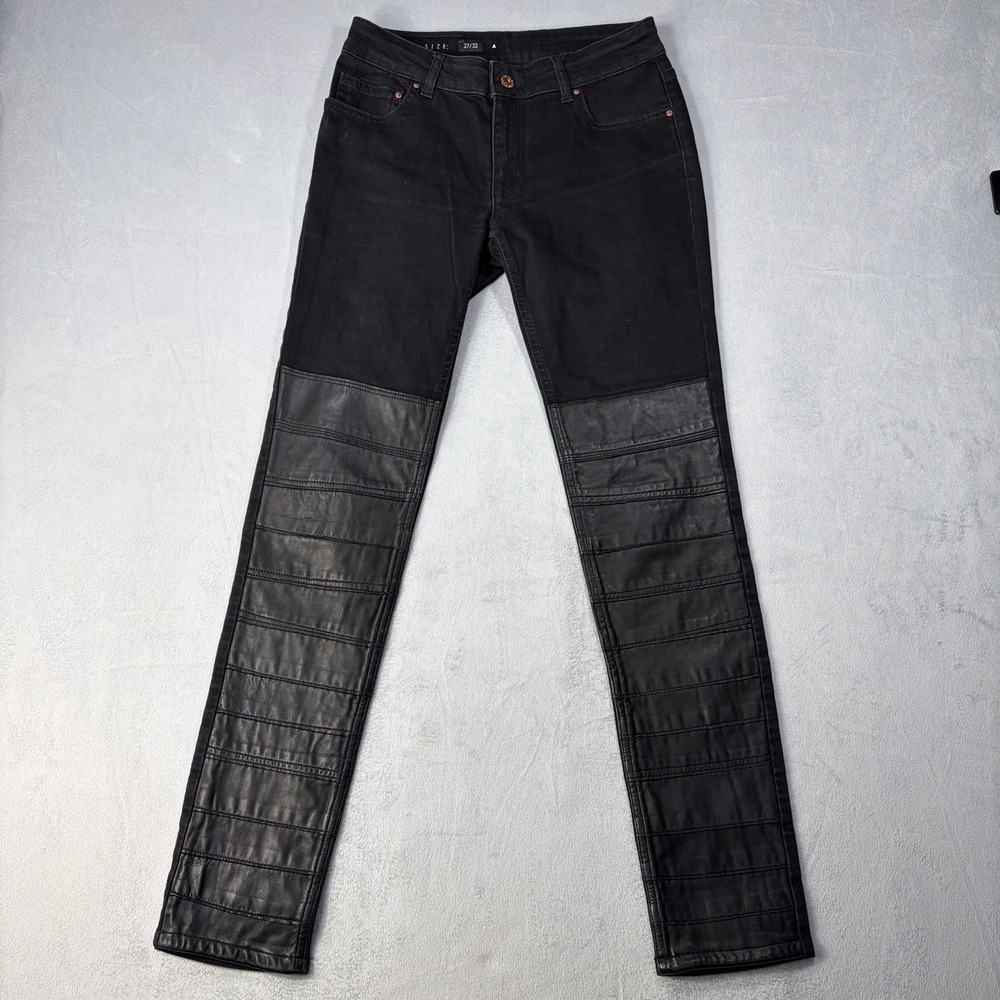 Avelon Skinny Moto Jeans Women's Black Leather Patch Size 27 X32 (27x28 Mid Rise